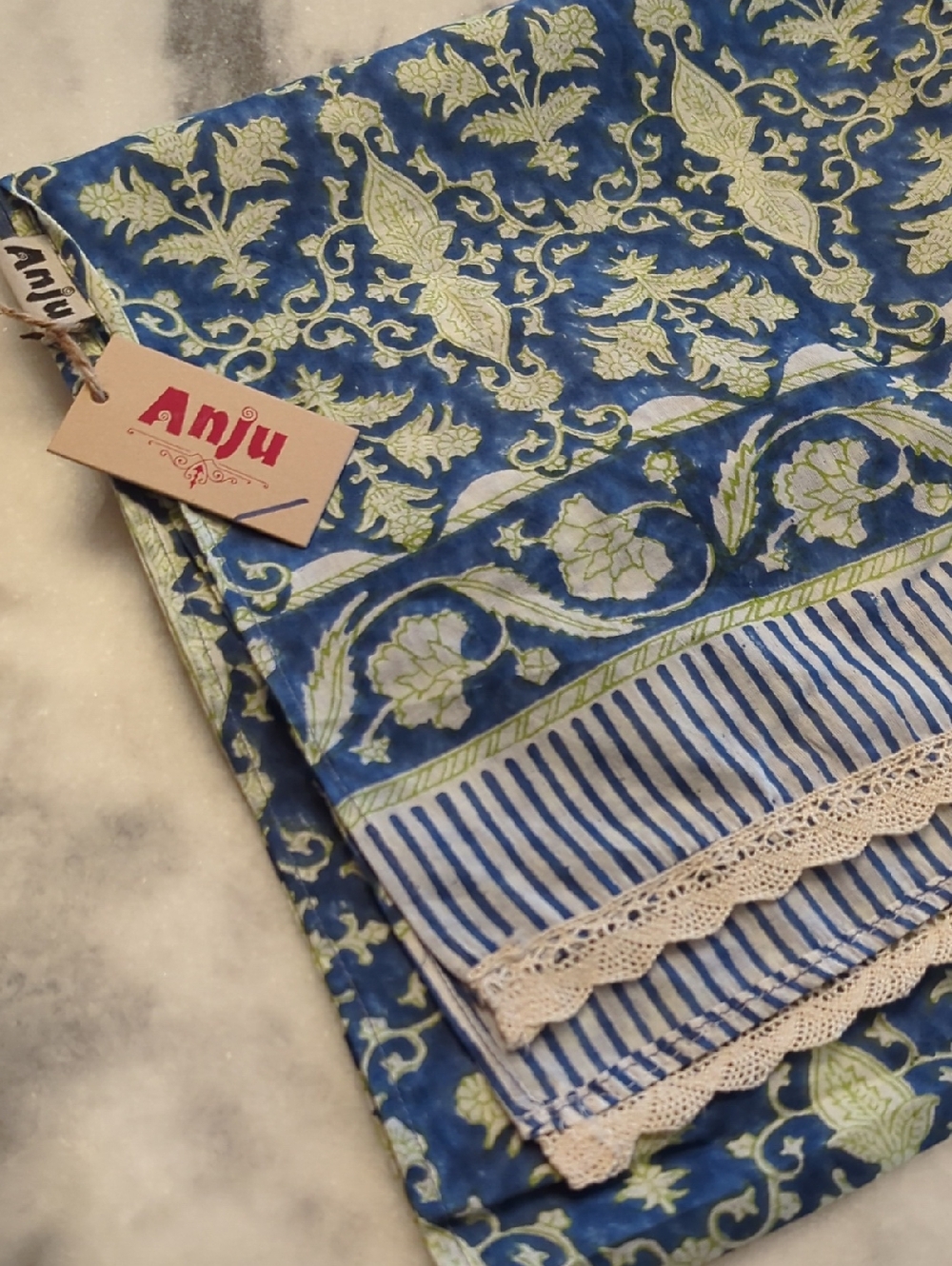 Anju Hand Block Printed Organic Cotton Scarf With Lace Trim Approximately 74x20